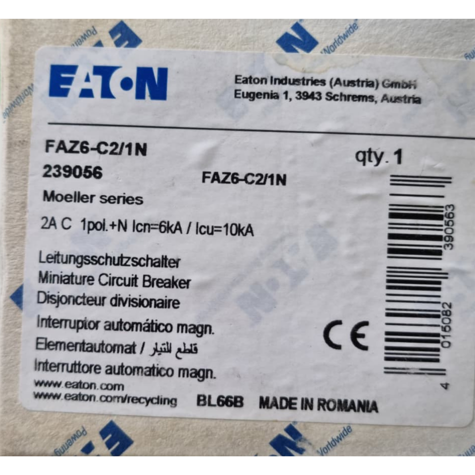 EATON FAZ6-C2/1N Miniature Circuit Breaker 239056 2A 1P+N