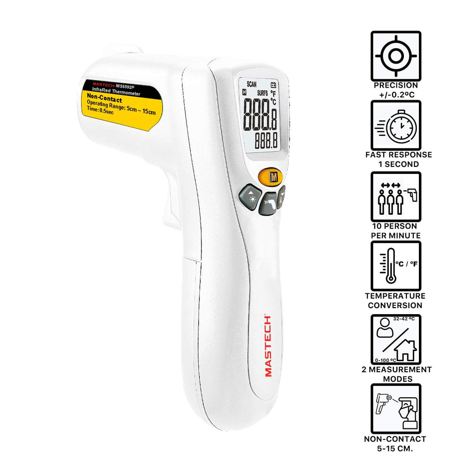Mastech MS6592P Digital Infrared Thermometer with 2 Functions, Non-Contact Temperature Measurement (between 32o-42o) and Surface Temperature Measurement (0oC-100oC) 143 X 99 X 47 mm